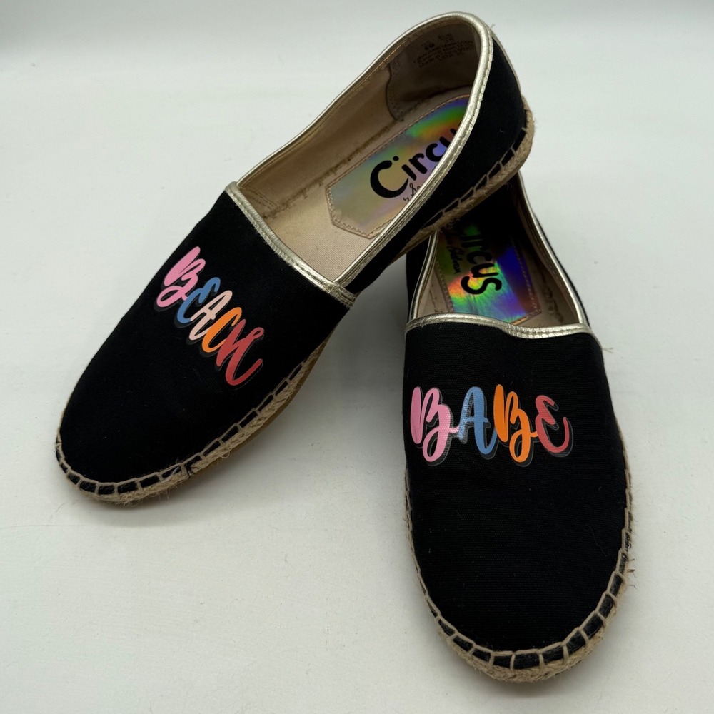 Circus Sam Edelman Beach‎ Babe Black Canvas Espadrille Flats Womens 8M boho